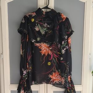 H&M Floral Ruffle Blouse Black Sheer Romantic Top Size Medium NWT